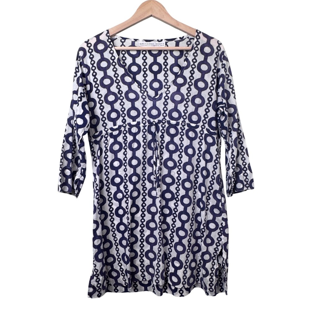 Gretchen Scott Blue White Geometric Chain Print Cotton Tunic Dress Swim Cover S